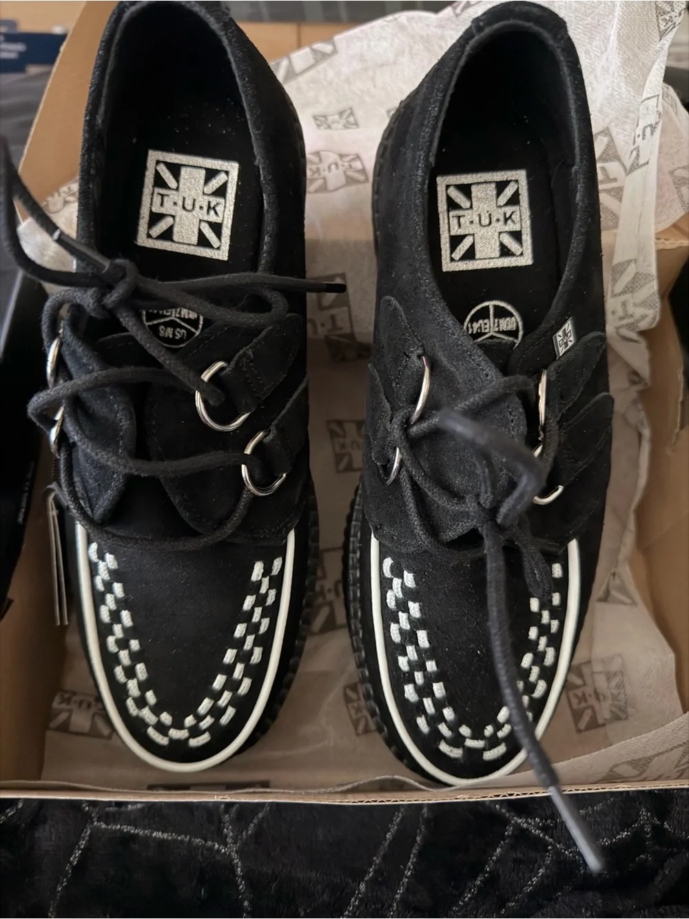 T.U.K Black Suede Creeper Shoes with White Stitching and Piping